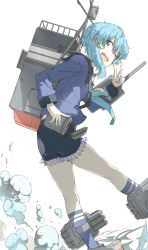 Rule 34 | 10s, 1girl, asymmetrical hair, back, blouse, blue eyes, blue hair, blue necktie, blue shirt, blue shorts, boat, cannon, crescent, crescent pin, drum (container), frilled shorts, frills, kantai collection, kneehighs, long sleeves, looking at viewer, looking back, matching hair/eyes, minazuki (kancolle), necktie, ninimo nimo, one eye closed, open mouth, school uniform, serafuku, shirt, shorts, smile, smokestack, socks, solo, torpedo, turret, v, water, watercraft