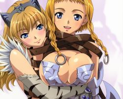 Rule 34 | 2girls, :d, armor, bare shoulders, belt, blonde hair, blue eyes, blush, braid, breasts, cleavage, detached sleeves, earrings, elina (queen&#039;s blade), hairband, headpiece, highres, hisayuki hirokazu, hug, hug from behind, jewelry, leina (queen&#039;s blade), lips, long hair, looking at another, looking at viewer, multiple girls, official art, official wallpaper, open mouth, queen&#039;s blade, reach-around, shadow, short hair, siblings, simple background, sisters, smile, twin braids, upper body, wallpaper, white background