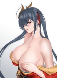 Rule 34 | 1girl, azur lane, black hair, breasts, cleavage, covering nipples, covering privates, gradient background, grey background, hair ornament, haru (hr works), highres, huge breasts, japanese clothes, kimono, long hair, off shoulder, red eyes, red kimono, red ribbon, ribbon, simple background, solo, taihou (azur lane), upper body, very long hair, wide sleeves