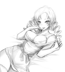 Rule 34 | 1girl, bra, breasts, catherine, catherine (game), cleavage, commentary request, dress, drill hair, greyscale, kara (color), long hair, monochrome, solo, thighhighs, twin drills, underwear