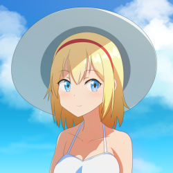 Rule 34 | 1girl, alice margatroid, bare shoulders, blonde hair, blue eyes, blue sky, breasts, cato (monocatienus), cloud, collarbone, commentary, hairband, hat, highres, looking at viewer, medium breasts, medium hair, portrait, red hairband, sky, smile, solo, sun hat, touhou, white headwear