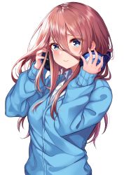 1girl absurdres bad_id bad_pixiv_id blue_cardigan blue_hair blush breasts brown_hair cardigan chadol_(okt8538) closed_mouth eyes_visible_through_hair female_focus fingernails go-toubun_no_hanayome hair_between_eyes hands_up headphones headphones_around_neck highres long_fingernails long_hair long_sleeves looking_at_viewer medium_breasts nakano_miku simple_background smile solo upper_body white_background