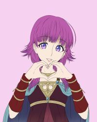 Rule 34 | 1girl, absurdres, brooch, dress, fire emblem, fire emblem: the sacred stones, fire emblem heroes, heart, heart hands, highres, jewelry, looking at viewer, lute (fire emblem), multi-tied hair, nintendo, purple eyes, purple hair, shawl, solo, twintails, vintoriart