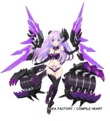 Rule 34 | 10s, 1girl, bare shoulders, blue eyes, bustier, crotch plate, dark persona, elbow gloves, gloves, hair ornament, long hair, mechanical wings, nepgear, nepnep connect: chaos chanpuru, neptune (series), pink hair, pubic tattoo, purple hair, purple sister, purple sister (chaos form), revealing clothes, shiitake urimo, simple background, smile, solo, symbol-shaped pupils, tattoo, thighhighs, wings