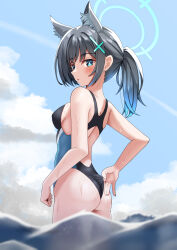 Rule 34 | 1girl, animal ear fluff, animal ears, ass, backless swimsuit, bare arms, bare shoulders, black one-piece swimsuit, blue archive, blue eyes, blue hair, blue sky, blurry, blurry background, blush, breasts, cloud, commentary request, day, depth of field, extra ears, from side, gradient hair, grey hair, hair between eyes, hair ornament, halo, highres, iseshi, looking at viewer, looking to the side, medium breasts, multicolored hair, official alternate costume, one-piece swimsuit, outdoors, parted lips, ponytail, shiroko (blue archive), shiroko (swimsuit) (blue archive), sideboob, sky, solo, standing, sweat, swimsuit, water, waves, wolf ears
