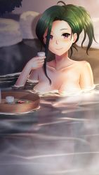 Rule 34 | 1girl, breasts, breasts apart, closed mouth, collarbone, completely nude, doukyuusei another world, floating breasts, game cg, green hair, holding, kakyuusei, long hair, looking at viewer, medium breasts, mitsuki shizuka, navel, nude, official art, onsen, partially submerged, purple eyes, sitting, smile, solo