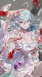 Rule 34 | 1girl, ahoge, arm up, bare shoulders, blood, blood bag, blood drop, blue hair, blue liquid, bottle, bow, breasts, broken handcuffs, buri (retty9349), character request, copyright request, corrupted twitter file, cuffs, detached sleeves, dress, eyelashes, grey background, grin, hair between eyes, handcuffs, highres, light blue hair, liquid, long hair, looking at viewer, medicine, medicine bottle, medium breasts, needle, pill, red eyes, short dress, sidelocks, simple background, smile, solo, throwing, white bow, white dress