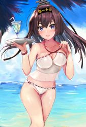 Rule 34 | 1girl, :d, ahoge, akizuki (kancolle), alternate costume, bikini, bikini tug, blue eyes, blue sky, blush, breasts, brown hair, cameltoe, cleavage, cloud, cup, day, eriyama e, groin, hachimaki, hair ornament, headband, highres, holding, holding tray, kantai collection, long hair, looking at viewer, medium breasts, navel, open mouth, outdoors, ponytail, see-through, sky, smile, solo, stomach, swimsuit, tray, white bikini, wristband