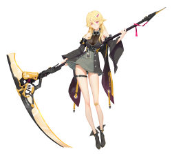 Rule 34 | 1girl, absurdres, bad id, bad pixiv id, bandaid, bandaid on knee, bandaid on leg, bare shoulders, black footwear, blonde hair, closed mouth, detached sleeves, fingernails, frills, futoshi (tekidai), hair between eyes, hair ornament, hairclip, highres, holding, holding scythe, holding weapon, id card, long fingernails, long hair, long sleeves, original, pink eyes, scythe, sharp fingernails, simple background, solo, standing, thigh strap, weapon, white background