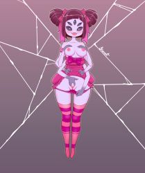 Rule 34 | 1girl, arthropod girl, artist name, black hair, blush, bow, breasts, cleft of venus, collarbone, colored skin, dress, extra arms, extra eyes, fangs, female pubic hair, full body, hair bow, highres, insect girl, kionant, lifting own clothes, looking at viewer, medium breasts, muffet, panties, pink bow, pink dress, pink panties, pink thighhighs, pubic hair, purple skin, pussy, silk, simple background, solo, spider girl, spider web, striped clothes, striped thighhighs, thighhighs, undertale, underwear