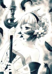Rule 34 | 1girl, bare shoulders, breasts, cleavage, commentary request, crown, detached sleeves, dress, expressionless, feathers, greyscale, gwendolyn (odin sphere), holding, holding polearm, holding weapon, looking to the side, monochrome, odin sphere, okara, parted lips, polearm, short hair, small breasts, solo, strapless, strapless dress, weapon