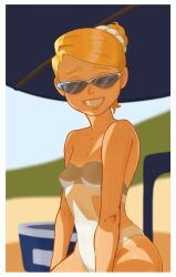 Rule 34 | arms at sides, beach, belly, blonde hair, breasts, clothing cutout, colored eyelashes, glasses, highres, moitasart, mole, original, side cutout, small breasts, swimsuit, tan, thighs