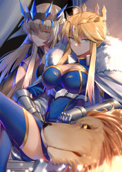Rule 34 | 2girls, absurdres, armor, artoria pendragon (fate), artoria pendragon (lancer) (fate), blonde hair, blue thighhighs, braid, breasts, cape, cleavage, closed mouth, commentary request, crossed legs, fate/grand order, fate (series), french braid, fur-trimmed cape, fur trim, gauntlets, gold trim, hair between eyes, highres, incest, large breasts, lion, looking at viewer, morgan le fay (fate), multiple girls, parted lips, siblings, sidelocks, sisters, sitting, thighhighs, thighs, yellow eyes, yorukun, yuri