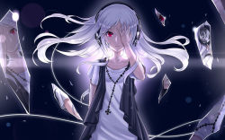 Rule 34 | 1girl, bandaid, broken mirror, covering one eye, dark background, debris, expressionless, flat chest, headphones, highres, jewelry, long hair, looking at viewer, mirror, necklace, nidy, original, red eyes, reflection, shirt, solo, standing, vocaloid, white hair, white shirt