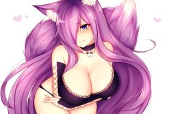 Rule 34 | 1girl, animal ears, black choker, blue eyes, blush, bra, breasts, choker, cleavage, closed mouth, detached sleeves, fang, fox ears, fox tail, foxykuro, hair over one eye, heart, kurona reole, lace, lace-trimmed bra, lace trim, large breasts, light purple hair, long hair, looking at viewer, original, resolution mismatch, skull, smile, solo, source smaller, tail, underwear, upper body, very long hair, white background