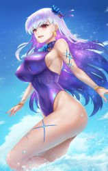 Rule 34 | 1girl, bare legs, bare shoulders, blue hair, blue one-piece swimsuit, blue sky, blush, body markings, bracelet, breasts, covered navel, earrings, fate/grand order, fate (series), flower, hair flower, hair ornament, hair ribbon, highleg, highleg swimsuit, highres, jewelry, kama (fate), kama (swimsuit avenger) (fate), kama (swimsuit avenger) (third ascension) (fate), large breasts, long hair, looking at viewer, lotus, multicolored hair, nail polish, ocean, one-piece swimsuit, red eyes, ribbon, silver hair, sky, skyde kei, smile, solo, star (symbol), star earrings, swimsuit, thighs, two-tone hair, wading