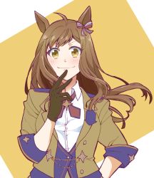 Rule 34 | 1girl, animal ears, black gloves, bow, brown hair, brown jacket, character request, closed mouth, enonko, gloves, hair bow, highres, horse ears, horse girl, jacket, long hair, looking at viewer, sleeves rolled up, smile, solo, two-tone background, umamusume, v-shaped eyebrows, white background, yellow background, yellow eyes