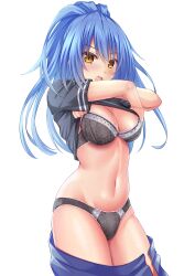 Rule 34 | 1girl, absurdres, black bra, black panties, black shirt, blue hair, blue skirt, blush, bra, breasts, clothes lift, clothes pull, cowboy shot, faltnep tsukasa, frown, highres, lace, lace-trimmed bra, lace-trimmed panties, lace trim, lifting own clothes, long hair, looking at viewer, medium breasts, navel, open clothes, open mouth, open skirt, original, panties, ponytail, shirt, shirt lift, short sleeves, simple background, skirt, skirt pull, solo, standing, underwear, undressing, white background, yellow eyes