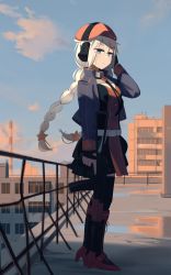 Rule 34 | 1girl, assault rifle, beret, black thighhighs, blue eyes, blue jacket, braid, building, chimney, cityscape, day, flower-shaped pupils, full body, girls&#039; frontline, gun, hair ornament, hat, headset, high heels, highres, hinami047, holding, holding gun, holding weapon, jacket, kalashnikov rifle, long hair, long sleeves, magazine (weapon), ots-12 (girls&#039; frontline), ots-12 tiss, outdoors, red footwear, red hat, rifle, rooftop, scenery, solo, standing, star (symbol), star hair ornament, symbol-shaped pupils, thighhighs, twin braids, weapon, white hair