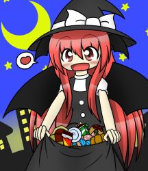 Rule 34 | 1girl, :d, alternate costume, bat wings, black dress, blush, bow, candy, checkerboard cookie, chibi, chocolate, chocolate bar, clothes lift, cookie, cosplay, crescent moon, doughnut, dress, dress lift, food, halloween, happy, hat, hat bow, head wings, heart, house, kirisame marisa, kirisame marisa (cosplay), koakuma, lollipop, long hair, looking at viewer, moon, night, night sky, open mouth, pocky, pumpkin, red eyes, red hair, short sleeves, skirt basket, sky, skycream, smile, solo, spoken heart, star (sky), starry sky, touhou, very long hair, wings, witch hat