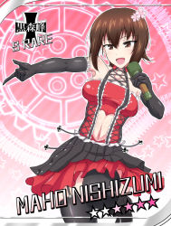 Rule 34 | 10s, 1girl, :d, alternate costume, black footwear, black gloves, black thighhighs, boots, breasts, brown eyes, brown hair, card (medium), card parody, character name, cinderella girls card parody, cross, dress, elbow gloves, emblem, explosive, flower, frilled gloves, frills, garter straps, gears, girls und panzer, gloves, hair flower, hair ornament, highres, holding, holding microphone, idol, idolmaster, idolmaster cinderella girls, iron cross, kuromorimine (emblem), layered dress, leaning to the side, leg up, looking at viewer, medium breasts, microphone, muchabou, navel, nishizumi maho, open mouth, parody, pointing, red dress, short hair, smile, solo, standing, standing on one leg, star (symbol), thighhighs