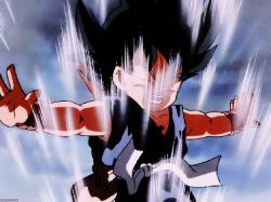 Rule 34 | 1boy, animated, animated gif, aura, black eyes, black hair, dougi, dragon ball, fighting stance, full body, male focus, non-web source, ruyi jingu bang, outstretched arms, screencap, short hair, son goku, spiked hair, spinning, standing, tail