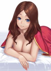 Rule 34 | 1girl, bed sheet, blue eyes, breasts, brown hair, cleavage, collarbone, commentary request, covering privates, covering breasts, fate/grand order, fate (series), fingernails, forehead, head tilt, highres, large breasts, leonardo da vinci (fate), long hair, lying, naked sheet, on stomach, parted bangs, parted lips, ranma (kamenrideroz), simple background, smile, solo, teeth, under covers, white background