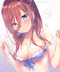 Rule 34 | 1girl, amedamacon, areola slip, artist name, bikini, blue bikini, blue eyes, blush, breasts, brown hair, closed mouth, collarbone, commentary request, dutch angle, fingernails, go-toubun no hanayome, gradient background, grey background, hair between eyes, hands up, heart, large breasts, long hair, nakano miku, signature, smile, solo, spoken blush, spoken heart, swimsuit, untied bikini, upper body, white background