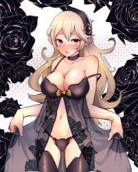 Rule 34 | 1340smile, 1girl, absurdres, babydoll, black flower, black rose, blush, breasts, camisole, chemise, corrin (female) (fire emblem), corrin (fire emblem), fire emblem, fire emblem fates, flower, frills, hairband, highres, lace, large breasts, lingerie, long hair, looking at viewer, navel, negligee, nightgown, nintendo, pointy ears, red eyes, ribbon, rose, solo, spaghetti strap, thighhighs, underwear, white hair