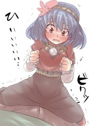 Rule 34 | 1girl, assertive female, blue hair, blush, commentary request, cowgirl position, female focus, gaoo (frpjx283), girl on top, hairband, layered sleeves, long sleeves, red eyes, short over long sleeves, short sleeves, skirt, solo, solo focus, straddling, tears, touhou, trembling, wavy mouth, white background, yasaka kanako