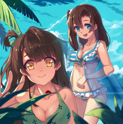 Rule 34 | 10s, 2girls, :d, animal, baisi shaonian, bare shoulders, bikini, blush, breasts, brown hair, bug, cleavage, close-up, collarbone, day, frilled bikini, frills, green bikini, highres, innertube, insect, kosaka honoka, ladybug, large breasts, leaf, long hair, looking at viewer, love live!, love live! school idol project, medium breasts, minami kotori, multiple girls, ocean, open mouth, outdoors, palm tree, plant, side ponytail, smile, striped bikini, striped clothes, swim ring, swimsuit, tree, water, yellow eyes