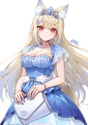 1girl alternate_costume animal_ear_fluff animal_ears blonde_hair blue_hair bracelet breasts cleavage closed_mouth curry_bowl dog_ears dog_girl dog_tail dress fuwawa_abyssgard highres hololive hololive_english jewelry long_hair multicolored_hair open_mouth smile streaked_hair tail virtual_youtuber