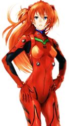 Rule 34 | 1girl, blue eyes, bodysuit, breasts, closed mouth, cowboy shot, hair between eyes, hair ornament, hands on own hips, headgear, highres, long hair, looking at viewer, magai akashi, medium breasts, neon genesis evangelion, orange hair, plugsuit, red bodysuit, simple background, solo, souryuu asuka langley, tsurime, two side up, white background