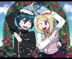 Rule 34 | 1boy, 1girl, :d, ;d, ahoge, akamatsu kaede, arm up, black border, black jacket, blonde hair, border, breasts, buttons, collared shirt, commentary, commission, confetti, cowboy shot, danganronpa (series), danganronpa v3: killing harmony, double-breasted, flower, fortissimo, furukawa (yomawari), hair ornament, heart, heart ahoge, highres, jacket, large breasts, letterboxed, long hair, long sleeves, looking at another, looking at viewer, musical note, musical note hair ornament, necktie, one eye closed, open mouth, outdoors, pillarboxed, pink vest, pixiv commission, purple eyes, saihara shuichi, school uniform, shirt, skirt, smile, striped clothes, striped jacket, sweater vest, teeth, upper teeth only, vest