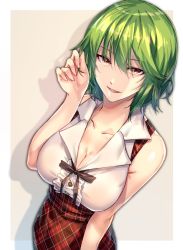 Rule 34 | 1girl, bare arms, breasts, center frills, cleavage, collarbone, frills, green hair, hair between eyes, highres, kazami yuuka, large breasts, looking at viewer, plaid, plaid skirt, red eyes, red skirt, skirt, smile, solo, touhou, u u zan, vest, wing collar