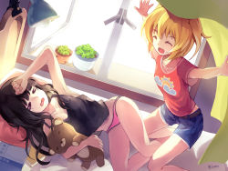 Rule 34 | &gt; &lt;, 2girls, :d, ^ ^, arm up, armpits, artist name, bison cangshu, black hair, blonde hair, book, collarbone, closed eyes, lamp, long hair, lying, multiple girls, no pants, open mouth, original, outstretched arms, panties, pillow, pink panties, plant, potted plant, shorts, smile, stuffed animal, stuffed toy, sunlight, teddy bear, underwear, window