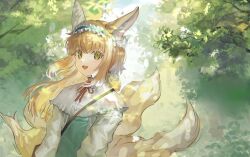Rule 34 | 1girl, :d, animal ears, arknights, blonde hair, blue dress, blue hairband, dress, fox ears, fox girl, fox tail, frilled hairband, frills, green eyes, hairband, highres, long hair, long sleeves, multicolored hair, multiple tails, neck ribbon, neumo, official alternate costume, open mouth, outdoors, red ribbon, ribbon, sidelocks, smile, solo, streaked hair, suzuran (arknights), suzuran (spring praise) (arknights), tail, tree, upper body