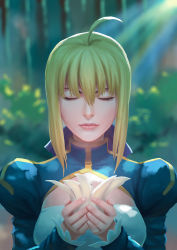 Rule 34 | 1girl, absurdres, ahoge, artoria pendragon (fate), bad id, bad pixiv id, blonde hair, blue dress, blue ribbon, blurry, blurry background, breasts, cleavage cutout, closed mouth, clothing cutout, dappled sunlight, depth of field, dress, closed eyes, facing viewer, fate/stay night, fate (series), fateline alpha, flower, forest, hair between eyes, hair ribbon, highres, holding, holding flower, juliet sleeves, long sleeves, medium breasts, nature, pink lips, puffy sleeves, realistic, ribbon, saber (fate), shirt, sidelocks, solo, sunlight, tree, upper body, white shirt
