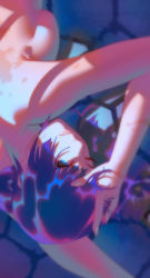 Rule 34 | 1girl, arms up, bakemonogatari, bare shoulders, blue eyes, breasts, commentary request, fingernails, from above, highres, lips, looking at viewer, looking up, lying, medium hair, monogatari (series), nude, on stomach, one eye closed, out of frame, parted lips, purple hair, rapa rachi, senjougahara hitagi, solo