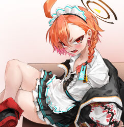 Rule 34 | 1girl, blue archive, braid, crossed legs, looking at viewer, maid, maid headdress, neru (blue archive), open mouth, orange hair, red eyes, shirt, single braid, sitting, skirt, solo, sterben, thighs, white shirt