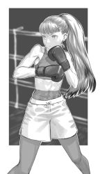 Rule 34 | 1girl, abs, black hair, boxing, boxing gloves, boxing ring, boxing shorts, commentary request, fighting stance, gloves, greyscale, highres, long hair, monochrome, original, ponytail, rggr, shorts, sketch, solo, sportswear, standing