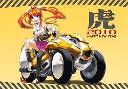 Rule 34 | 10s, 1girl, 2010, all-terrain vehicle, anklet, antenna hair, aqua eyes, asymmetrical legwear, barefoot, black thighhighs, blue eyes, brown hair, chinese zodiac, commentary request, detached sleeves, different socks, feet, female focus, fukukitaru, full body, fur, japanese clothes, jewelry, kimono, leg up, legs, long hair, mismatched legwear, motor vehicle, motorcycle, new year, orange hair, original, red hair, reverse trike, sandals, shoes, short twintails, single shoe, single thighhigh, sitting, skirt, solo, thighhighs, three-wheeler, tiger (chinese zodiac), toeless legwear, toes, trike, twintails, vehicle, year of the tiger