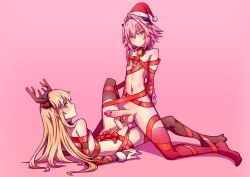Rule 34 | 2boys, absurdres, antlers, astolfo (fate), black legwear, blonde hair, blue eyes, blush, censored, chevalier d&#039;eon (fate), christmas, crossdressing, elbow gloves, erection, fang, fate/grand order, fate (series), functionally nude, gloves, gradient background, hair intakes, hat, heart, heart censor, hej (pixiv13035031), highres, horns, long hair, looking at viewer, male focus, multiple boys, neck bell, penis, penises touching, pink background, pink hair, santa costume, santa hat, simple background, smile, smug, spread legs, testicles, testicles touching, thighhighs, trap