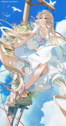 Rule 34 | 1girl, absurdres, arm support, bare arms, barefoot, bird, blonde hair, blue sky, breasts, brown eyes, chii, chinese commentary, chobits, collarbone, commentary request, copyright name, day, dress, feet, floating clothes, floating hair, flower, full body, hair between eyes, hair tubes, highres, leaning forward, leg ribbon, long dress, long hair, long ribbon, looking up, outdoors, parted lips, red ribbon, ribbon, robot ears, sidelocks, sitting, sky, small breasts, solo, sundress, toes, twitter username, utility pole, very long hair, white bird, white dress, white flower, wind, yellow flower, z3zz4
