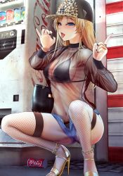 Rule 34 | 1girl, anklet, bad id, bad pixiv id, bag, baseball cap, black nails, black shirt, black thighhighs, blonde hair, blue eyes, blush, bracelet, breasts, denim, denim shorts, earrings, fellatio gesture, fishnet thighhighs, fishnets, girls&#039; frontline, gold, gold footwear, handbag, hat, high heels, highres, hoop earrings, index finger raised, jewelry, k5 (girls&#039; frontline), large breasts, long hair, looking at viewer, medium breasts, nail polish, open fly, open mouth, saliva, saliva trail, see-through, sexually suggestive, shirt, shorts, sidelocks, smile, solo, squatting, thighhighs, tongue, tongue out, turisasu