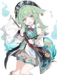 Rule 34 | 1girl, absurdres, bare shoulders, blue eyes, blue shirt, blush, collared shirt, dot nose, feet out of frame, flag, flying sweatdrops, green hair, head tilt, highres, hitodama, holding, holding flag, honkai: star rail, honkai (series), huohuo (honkai: star rail), jacket, knees together feet apart, long bangs, long sleeves, looking at viewer, makeshift flag, mokyuko, off shoulder, open clothes, open jacket, open mouth, shirt, simple background, sleeveless, sleeveless shirt, solo, white background, white flag, white jacket, yin yang
