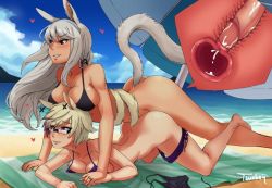 Rule 34 | 1futa, 1girl, animal ears, ass, beach, bikini, blonde hair, blush, breasts, brown eyes, cat ears, cat tail, final fantasy, final fantasy xiv, futa with female, futanari, glasses, jewelry, large breasts, long hair, lying, medium breasts, miqo&#039;te, penis, purple eyes, ring, sand, sex, sex from behind, short hair, silver hair, smile, square enix, swimsuit, tail, top-down bottom-up, towel, twobey, umbrella, uncensored, water, x-ray