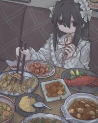 Rule 34 | 1girl, absurdres, black eyes, black hair, black nails, booth seating, chopsticks, curry, dress, dumpling, eating, food, food on face, frilled dress, frilled hairband, frills, gudon udon, hair between eyes, hairband, headband, highres, holding, holding chopsticks, indoors, jiaozi, lobster, lolita fashion, original, plate, restaurant, shrimp, solo, soy sauce, table, white headband