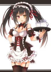 Rule 34 | 10s, 1girl, :d, alternate costume, bare shoulders, black hair, black thighhighs, blush, breasts, cleavage, clock eyes, cup, date a live, detached collar, dress, enmaided, garter straps, hairband, hand on own hip, heterochromia, lolita fashion, lolita hairband, long hair, looking at viewer, maid, maid headdress, mug, open mouth, red eyes, red ribbon, ribbon, simple background, smile, solo, standing, symbol-shaped pupils, terras, thighhighs, tokisaki kurumi, tray, twintails, waitress, wrist cuffs, yellow eyes, zettai ryouiki