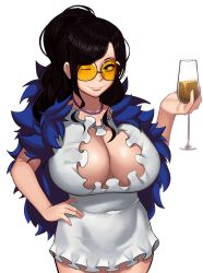 Rule 34 | 1girl, absurdres, bead necklace, beads, black hair, blue eyes, breasts, champagne flute, cleavage cutout, clothing cutout, collarbone, covered navel, cup, dress, drinking glass, feather boa, hair behind ear, hand on own hip, highres, holding, holding cup, huge breasts, jewelry, kevbot, long hair, necklace, nico robin, one eye closed, one piece, one piece film: gold, round eyewear, simple background, smile, solo, sunglasses, tinted eyewear, white background, white dress, yellow-tinted eyewear, yellow-tinted glasses
